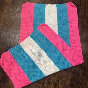Hand‎ Knit or Crocheted Lap Throw Blanket White Blue Pink  50" x 24"